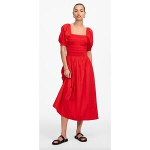 Madewell | NWT Smocked Puff Sleeve Midi Dress in Poplin in Cerise Red | Sz L
